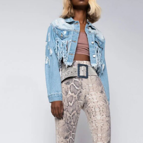 Callie Lives Miz Life Is Good: Fringe Distressed Crop Denim Jean Jacket L XL 1X - Picture 6 of 16